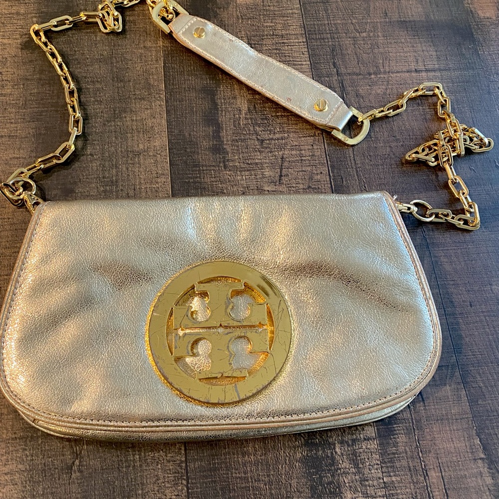Tory Burch Gold Reva Crossbody Clutch Purse